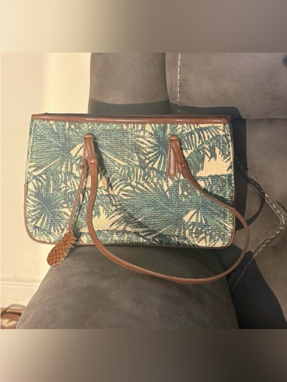 Liz Claiborne Green Palm Print Canvas Shoulder Bag with Brown Trim
